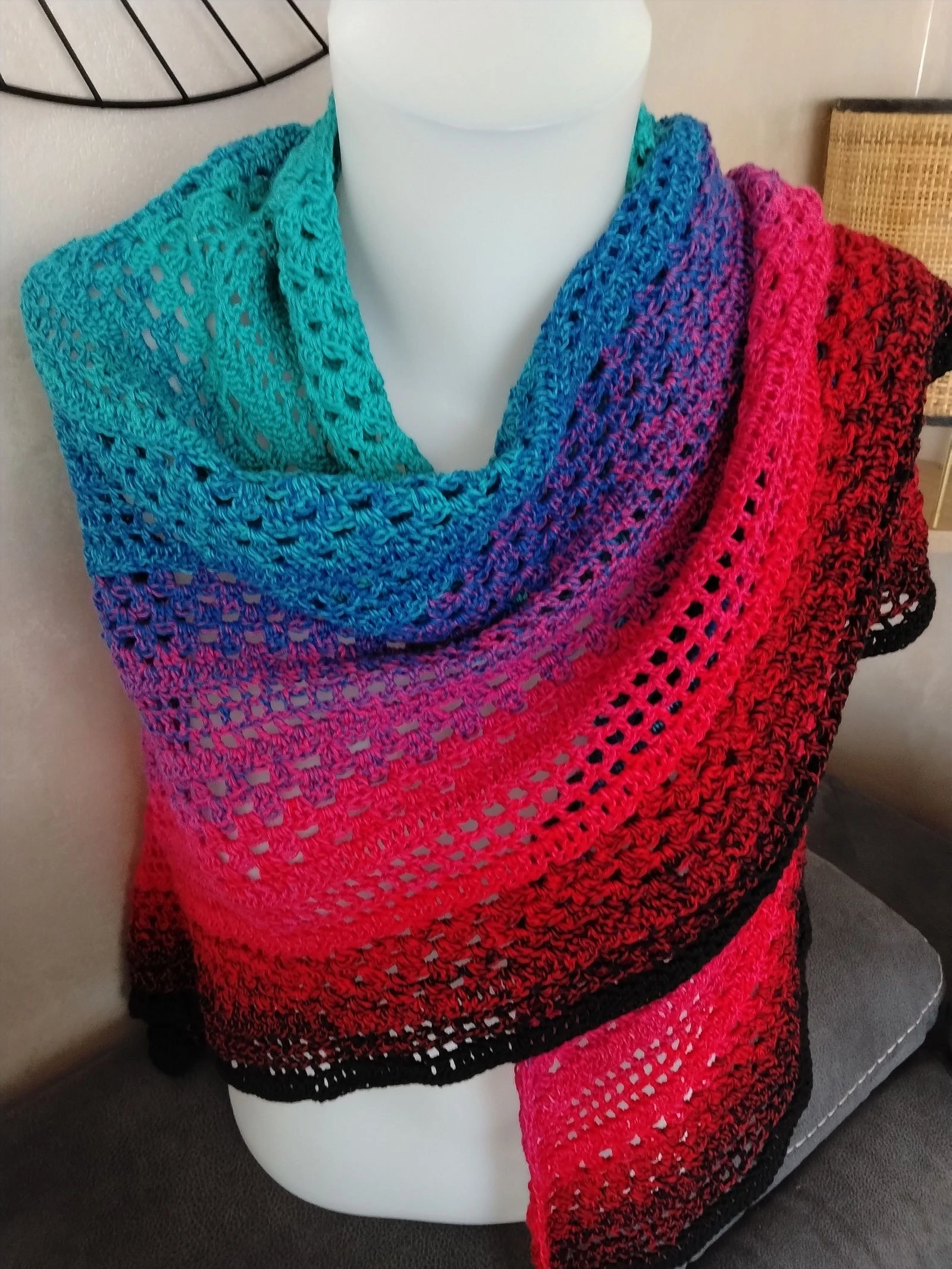 Large Handmade Crochet Shawl - Beautiful Turquoise, Purple, Red & Black Gradient – photo 5